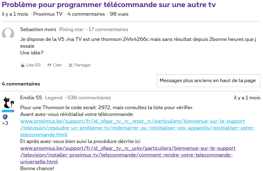 configuration télécommande belgacom V4 avec TV Thomson - Forum d'Astel.be
